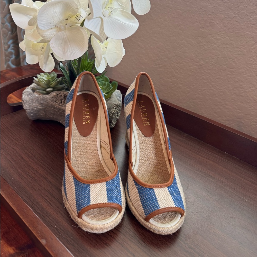 Lauren Ralph Lauren Blue and Tan Espadrille Wedges